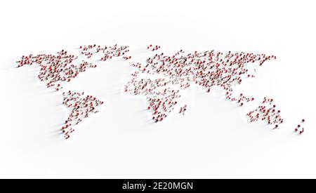 Une carte du monde plat avec des bords demi-tons sur un blanc arrière-plan texturé montrant des particules rouges du virus corona réparties sur le Monde - rendu 3D Banque D'Images