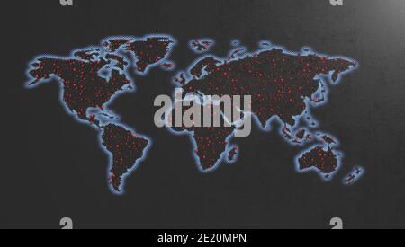 Une carte du monde plate avec des bords de demi-teinte bleu brillant activés arrière-plan texturé noir montrant les particules rouges du virus corona distribuées Partout dans le monde - 3D Banque D'Images