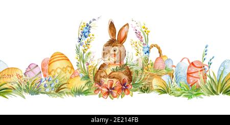 Bordure sans couture avec concept pâques printanier. Bordure aquarelle avec un joli lapin, des fleurs et des œufs de pâques isolés sur fond blanc. Pour la décoration, l'impression Banque D'Images