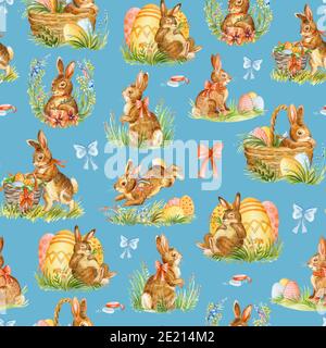 Motif sans couture avec concept Pâques printanier. Motif aquarelle de Pâques avec lapins et rubans mignons isolés sur fond bleu. Pour la décoration, l'impression Banque D'Images