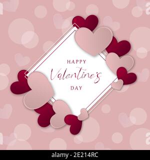 Carte de Saint-Valentin avec coeurs, motif de Saint-Valentin avec coeurs roses et rouges sur fond rose avec lumières bokeh, superbe modèle de carte de Saint-Valentin Banque D'Images