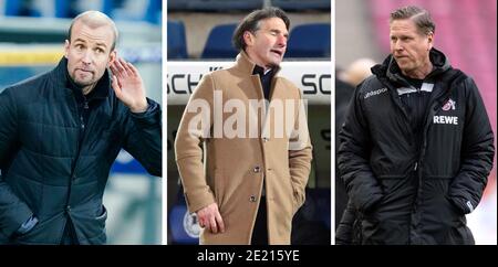 Allemagne. 10 janvier 2021. La photo combinée montre de gauche à droite: Sebastian Hoeneß, entraîneur de TSG 1899 Hoffenheim (le 16.12.2020, TSG 1899 Hoffenheim - RB Leipzig, match 12), Bruno Labbadia, entraîneur de Hertha BSC (le 10.01.2020, Arminia Bielefeld - Hertha BSC, match 15) et Markus Gisdol, entraîneur de 1.FC Köln (le 02.01.2021, 1. FC Köln - FC Augsburg, match 14). (À dpa 'à la croisée des chemins de crise: Les entraîneurs Labbadia, Gisdol et Hoeneß ') crédit: U. Ansbach/F. Gentsch/M. Becker/dpa/Alay Live News Banque D'Images