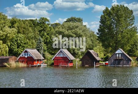 Paysage idyllique avec des serres en bois dans le parc national de Mueritz, Mecklenburg Lake District, Allemagne. Mecklenburg-Vorpommern, Allemagne. Banque D'Images