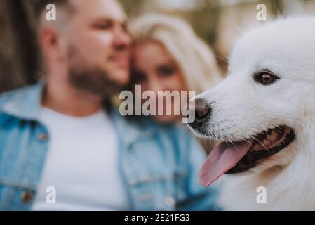 Gros plan de la jeune femme souriante et du gars avec du blanc chiot à fourrure qui profite de la nature et de l'air frais à l'extérieur Banque D'Images