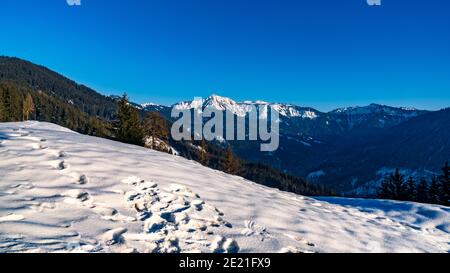 Paysage avec vue sur la montagne Hoher Freschen, montagne enneigée et terrain, un refuge au bord de la forêt, ciel bleu dans le Vorarlberg Autriche Banque D'Images