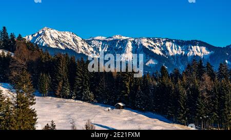 Paysage avec vue sur la montagne Hoher Freschen, montagne enneigée et terrain, un refuge au bord de la forêt, ciel bleu dans le Vorarlberg Autriche Banque D'Images