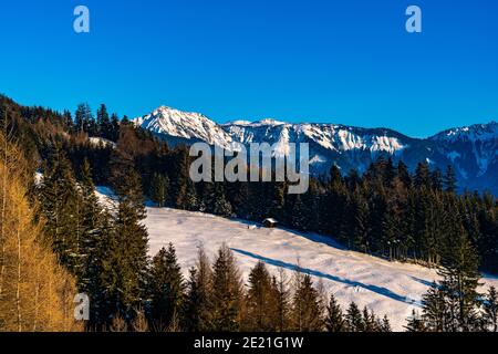 Paysage avec vue sur la montagne Hoher Freschen, montagne enneigée et terrain, un refuge au bord de la forêt, ciel bleu dans le Vorarlberg Autriche Banque D'Images