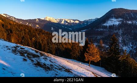 Paysage avec vue sur la montagne Hoher Freschen, montagne enneigée et terrain, un refuge au bord de la forêt, ciel bleu dans le Vorarlberg Autriche Banque D'Images