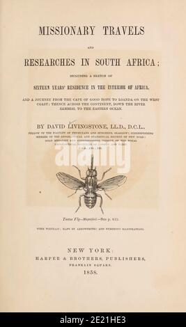 Page de titre et crédits avec mouche tsé-tsé magnifiée du livre ' voyages Missionnaires et recherches en Afrique du Sud ' y compris seize ans de résidence à l'intérieur de l'Afrique. Par Dr. David Livingstone publié à New York par Harper & Brothers 1858 Banque D'Images