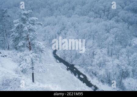 Arrière-plan d'hiver blanc avec rivière Duksta, photo aérienne Banque D'Images