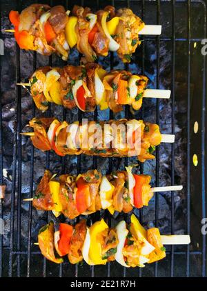 De délicieux brochettes de légumes et de poulet cuisinées sur un grill Banque D'Images