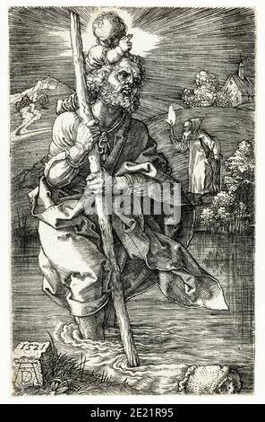 St Christopher porte l'enfant Christ, gravure par Albrecht Dürer, 1521 Banque D'Images