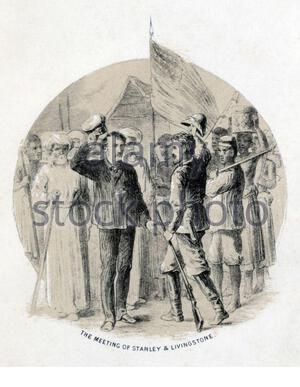 La rencontre de Henry Morton Stanley et de David Livingstone le 10 novembre 1871 à Ujiji, en Tanzanie, où Stanley a prononcé les mots célèbres; 'Dr. Livingstone, je suppose?', illustration vintage de 1880 Banque D'Images