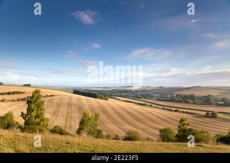 Paysage agricole dans la vallée de Wylye près de South Newton, au nord-ouest de Salisbury dans le Wiltshire. Banque D'Images