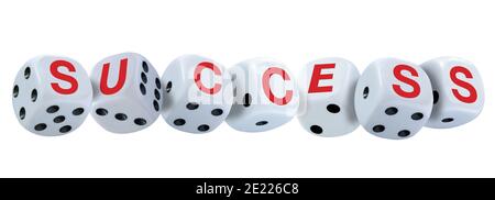 Dés blancs avec les yeux noirs numéros orthographe SUCCÈS dans les lettres rouges isolées sur fond blanc. Concept de réussite. Banque D'Images