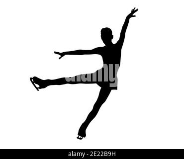 gracieux figure skater fille silhouette noire sur fond blanc Banque D'Images