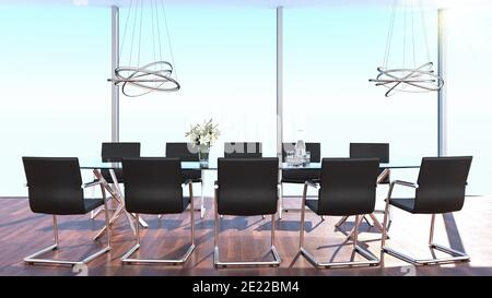 Salle de conférence moderne et lumineuse avec grande table en verre et dix chaises de bureau, grandes fenêtres et deux plafonniers modernes. Lily fleurit dans un canal Banque D'Images