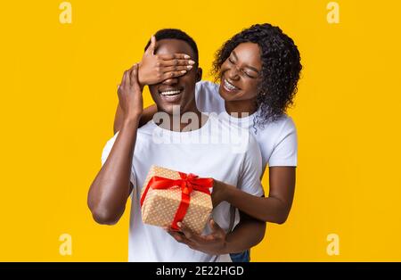Bonne dame noire donnant cadeau à son petit ami Banque D'Images