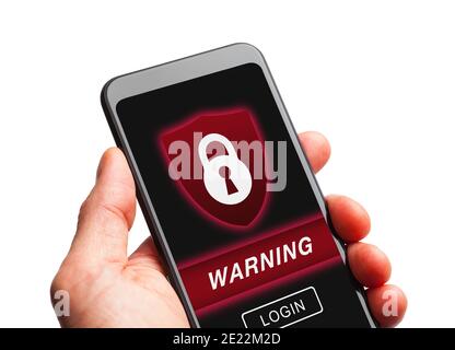 Main tenant le Smart Phone avec verrouillage et protection d'avertissement de sécurité. Banque D'Images