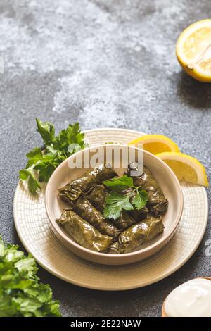 Dolma - feuilles de vin grec farcies (dolmades) sur fond de béton gris Banque D'Images