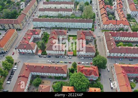 GÖTEBORG, SUÈDE- 26 JUIN 2019 : image de drone d'une zone résidentielle du quartier de Majorna, Göteborg. Banque D'Images