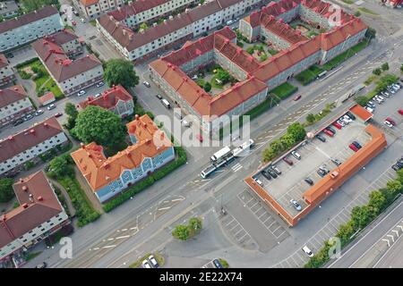 GÖTEBORG, SUÈDE- 26 JUIN 2019 : image de drone d'une zone résidentielle du quartier de Majorna, Göteborg. Banque D'Images