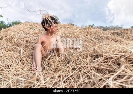 Portrait d'un petit garçon asiatique mignon souriant et assis sur le foin. Petit enfant joyeux jouant sur la paille de riz. Banque D'Images