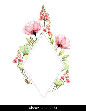 Cadre en losange aquarelle. Arrangement floral avec place pour le texte. Fleurs de pavot transparentes. Illustration de printemps peinte à la main pour le logo et le mariage Banque D'Images