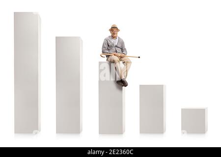 Homme âgé avec une canne assise sur le bar central graphique dans un graphique isolé sur fond blanc Banque D'Images