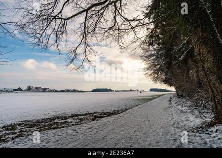 Faites une randonnée dans le ravin couvert de neige à Schmaleg près de Ravensburg Souabe supérieur Banque D'Images