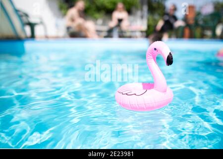 Porte-gobelet rose flamant piscine été couleurs vives copie espace brouillé les gens sur la partie de piscine d'arrière-plan Banque D'Images