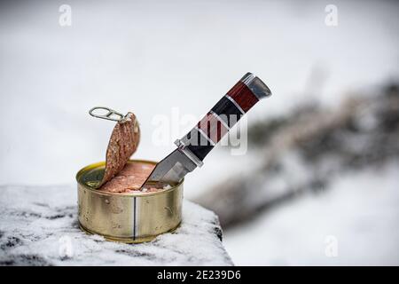 Une boîte de nourriture en conserve avec un couteau de chasse. Banque D'Images