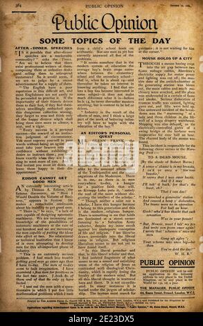 Page papier utilisée avec texte en anglais. Journal d'époque de 1923