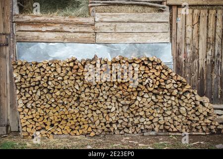 Bois de chauffage texture grumes scène rurale fond brun. Pile de bois prêt pour l'hiver. Un tas de bois de chauffage haché prêt à gerber Banque D'Images