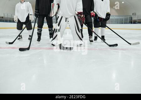 Coupe basse de plusieurs joueurs de hockey et de leur entraîneur en uniforme de sport, gants et patins debout sur la patinoire au stade et en tenant des bâtons Banque D'Images