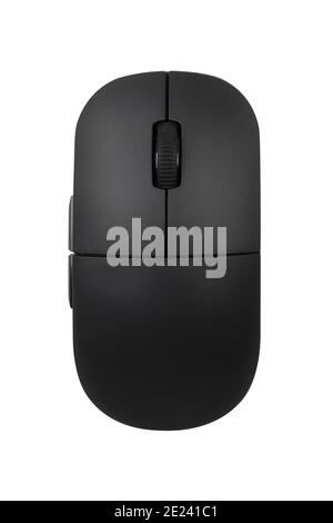 Souris d'ordinateur noire sans fil isolée sur fond blanc. Souris optique USB sans fil de bureau Banque D'Images