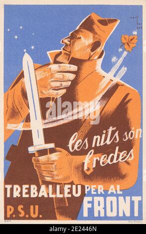 Guerre civile espagnole 1936/1939, affiche de propagande catalane "les nuits sont un travail froid pour le Front" Banque D'Images