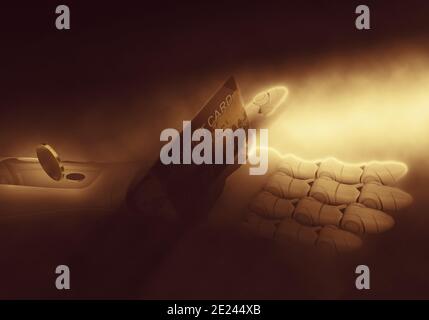 illustration 3d d'une main robot de smartphone avec un crédit et une pièce de monnaie dorée sur son bras Banque D'Images