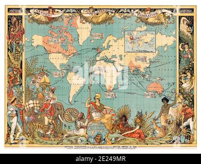 Royaume-Uni: Carte du monde montrant l'Empire britannique en rouge, Londres, 1886. L'Empire britannique comprend les dominions, les colonies, les protectorats, les mandats et les autres territoires dirigés ou administrés par le Royaume-Uni. Il est originaire des colonies et des postes commerciaux d'outre-mer établis par l'Angleterre à la fin du XVIe siècle et au début du XVIIe siècle. À son apogée, il a été le plus grand empire de l'histoire et, pendant plus d'un siècle, a été la première puissance mondiale. Banque D'Images