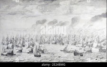 Pays-Bas: 'La bataille de Scheveningen, 10 août 1653'. Peinture à l'encre et à l'huile sur toile par Willem van de Velde The Elder (c. 1611-1693), 1657. La bataille de Scheveningen fut la dernière bataille navale de la première guerre anglo-hollandaise. En juin 1653, la flotte anglaise avait commencé un blocus de la côte hollandaise. Le 10 août, des navires anglais et néerlandais se sont engagés, causant de lourds dommages aux deux côtés. Le blocus a été levé, mais la mort de l'amiral hollandais Maarten Tromp a été un coup sévère, conduisant finalement à des concessions néerlandaises dans le Traité de Westminster. Banque D'Images