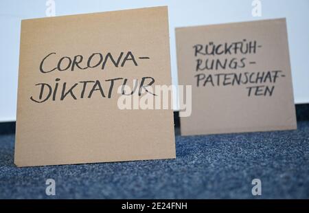 Darmstadt, Allemagne. 12 janvier 2021. ILLUSTRATION - dans l'Institut de linguistique de la tu Darmstadt, il y a deux panneaux en carton avec les inscriptions "Rückführungspatenschätten" et "Corona-Diktatur". Pour l'année 2020, le jury a choisi une paire d'unwords. Dans le cadre des propositions pour l'épée de l'année, la pandémie de Corona était le thème dominant. Credit: Arne Dedert/dpa/Alay Live News Banque D'Images