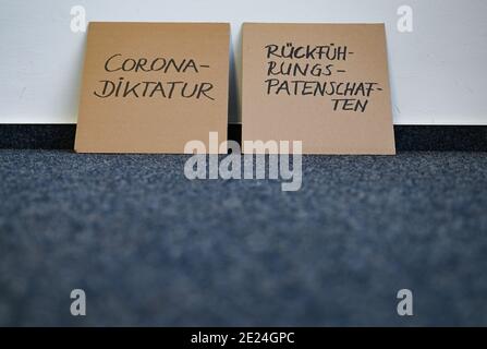 Darmstadt, Allemagne. 12 janvier 2021. ILLUSTRATION - dans l'Institut de linguistique de la tu Darmstadt, il y a deux panneaux en carton avec les inscriptions "Rückführungspatenschätten" et "Corona-Diktatur". Pour l'année 2020, le jury a choisi une paire d'unwords. Dans le cadre des propositions pour l'épée de l'année, la pandémie de Corona était le thème dominant. Credit: Arne Dedert/dpa/Alay Live News Banque D'Images