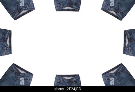 Poches avant, zones à la taille, fermetures éclair et boutons de huit paires de jeans bleu foncé isolés sur fond blanc. Gros plan. Jean cercle copie sp Banque D'Images