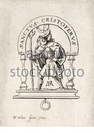 Saint Christopher, Saint patron des voyageurs, portant un bébé Jésus de l'autre côté du fleuve, gravure par le graetteur tchèque Venceslaus Holar à partir de 1642 Banque D'Images