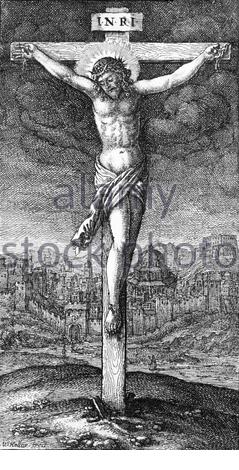 La crucifixion sur la croix de Jésus-Christ, 4BC – AD30 / 33, gravure par le graveur tchèque Venceslaus Hollar des années 1600 Banque D'Images