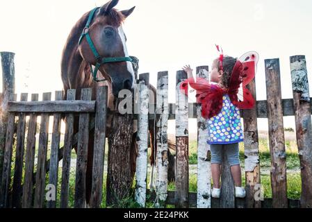Fille portant des ailes de fées debout sur une clôture regardant un cheval Banque D'Images