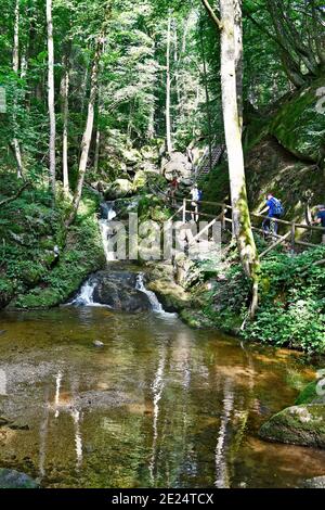 Yspertal, Autriche - 25 août 2019 : marcheurs non identifiés le long de passerelles en bois dans la gorge d'Ysperklamm, un monument naturel dans le waldviertel, une partie Banque D'Images