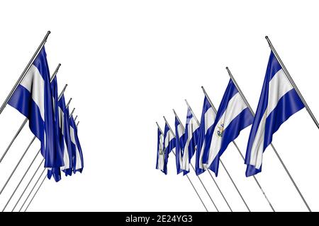 Illustration 3d du joli drapeau national des vacances - beaucoup d'El Salvador drapeaux accrochés dans les poteaux d'angle de gauche à droite côtés isolés sur blanc Banque D'Images