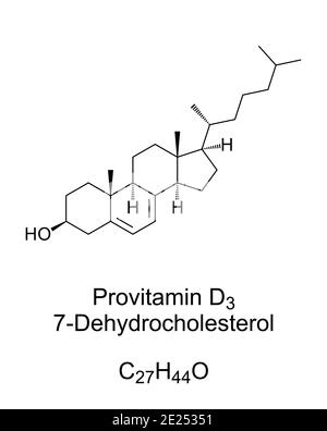 Forme de provitamine D3, structure chimique et formule squelettique. 7-déhydrocholestérol, 7-DHC. Zoosterol, fonctionne comme précurseur de cholestérol. Banque D'Images