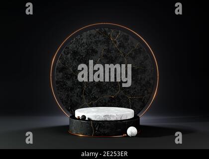 représentation 3d du podium en marbre blanc isolé sur fond noir arrière-plan Banque D'Images